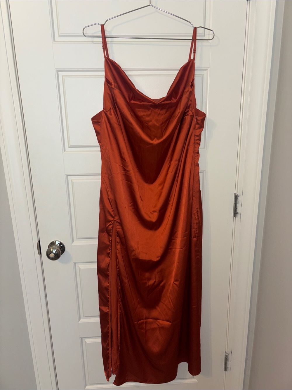 Finesse Satin Cowl Midi Dress Rust Color